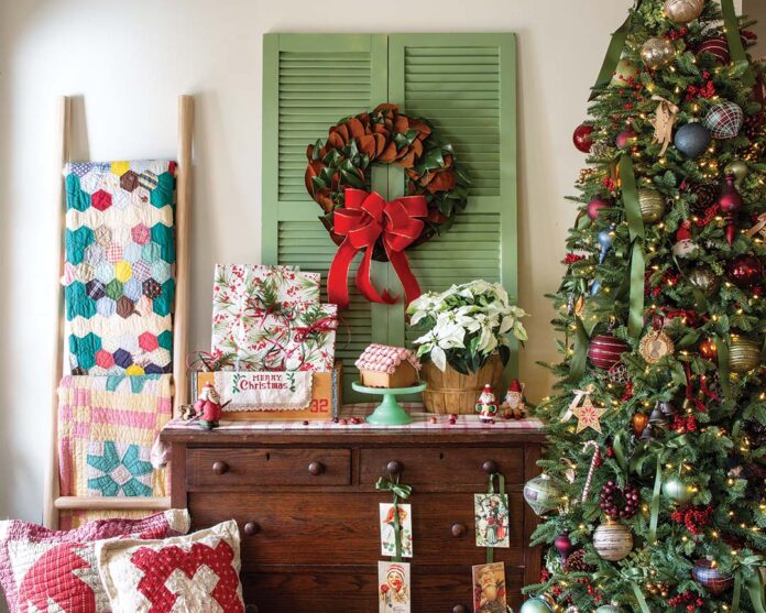 Complemented with vintage accents and rustic details, a beautifully adorned tree fills the air with jovial holiday cheer.