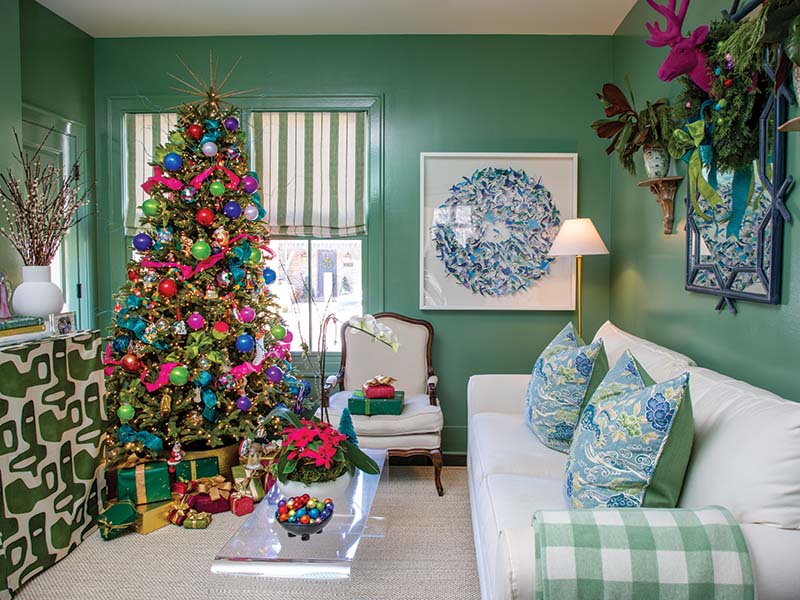 Deeper into the home, an area that was originally designated as the dining room on the floor plan was transformed into a den—a decision the family felt would better serve them in this season of life. The space, which is a favorite after-school hangout for the kids, is enveloped in Benjamin Moore’s Lehigh Green, a richer rendition of Kate’s favorite hue that creates a cozy, inviting feel.