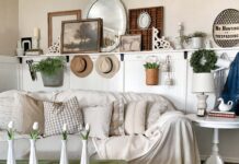 Step Inside a Charming Country Cottage In Southwest Idaho The comfortable living room boasts a newly added board-and-batten wall with peg hooks that not only adds character and charm to the space but a practical element as well. Becca shares that the project was completed by her husband as an early Christmas gift and will provide the perfect place for the family’s stockings. “It’s a much cozier space now for relaxing and having family movie nights,” she adds.