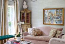 This Southern Home Puts a Unique Spin on Classic European Charm Velvet sofas and acrylic tables pair perfectly with an antique painted hutch in the living room.
